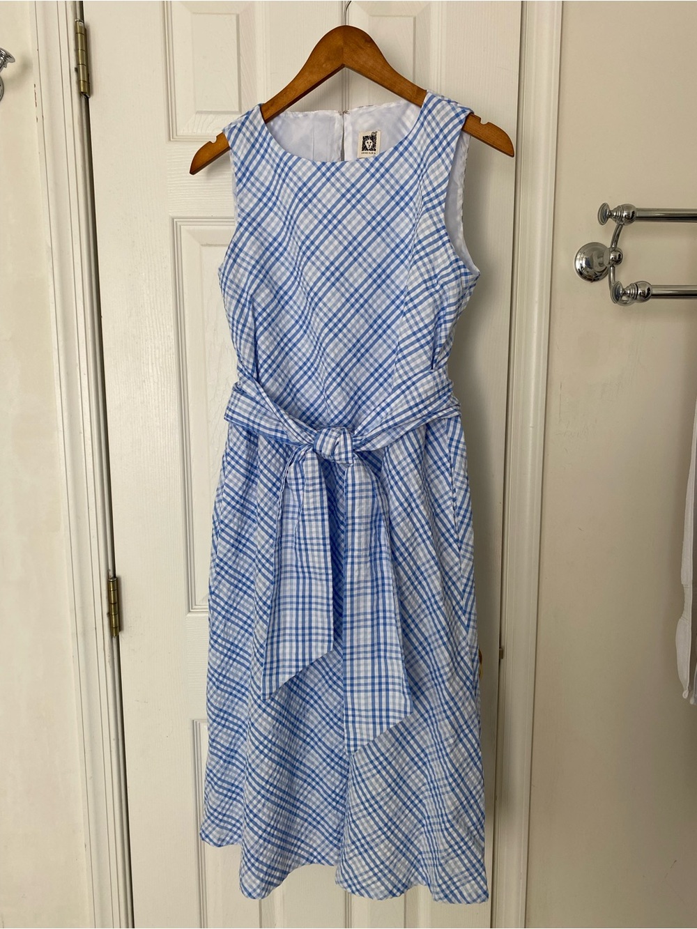 Anne Klein Blue and White Plaid Midi Dress with Waist Tie Size 6